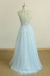 A Line Round Neck Baby Blue Lace Long Semi Formal Prom Dresses with Butterfly, Baby Blue Lace Formal Graduation Evening Dresses